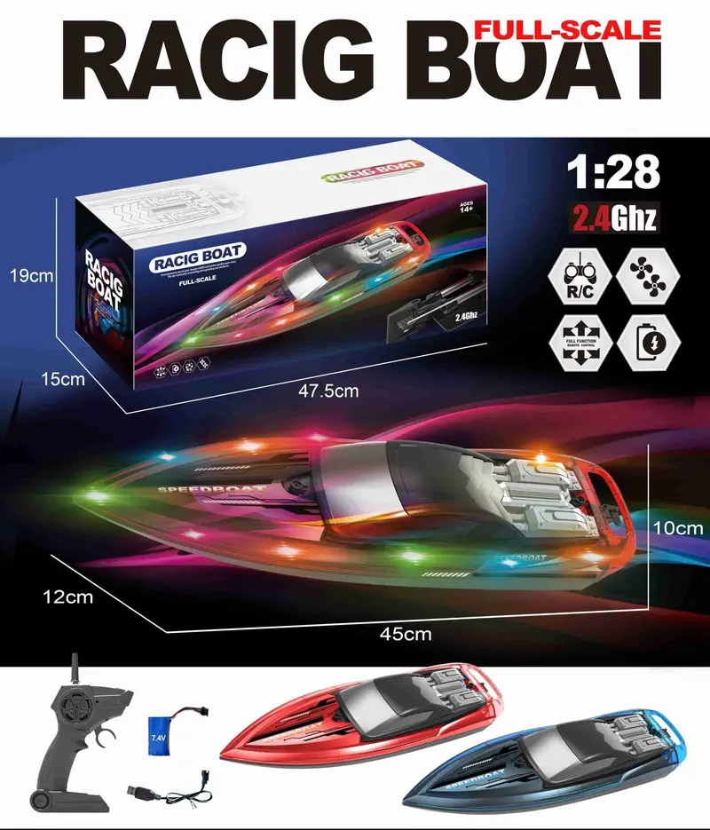 1:28 Scale 2.4Ghz Rc High-Speed Propeller Boat – 15 Km/H, Led Lights, 1200Mah Battery, 100M Control Distance – Sku 1896940S 1
