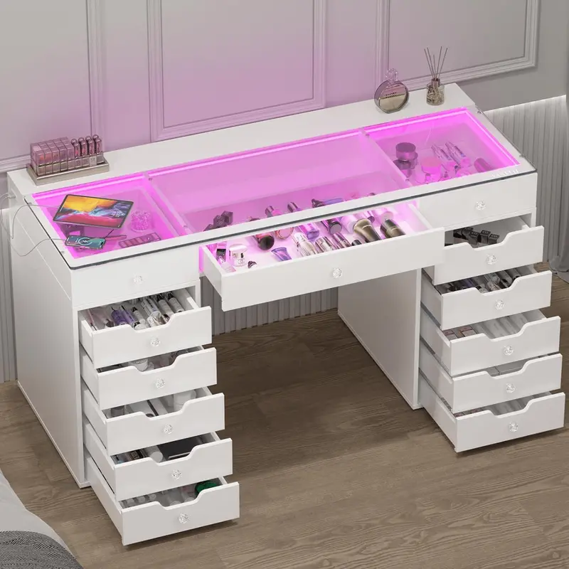 13-Drawer Rgb-Lit Vanity Desk With Usb & Type-C Charging – Sleek White Glass-Top Makeup Station For Bedrooms 1