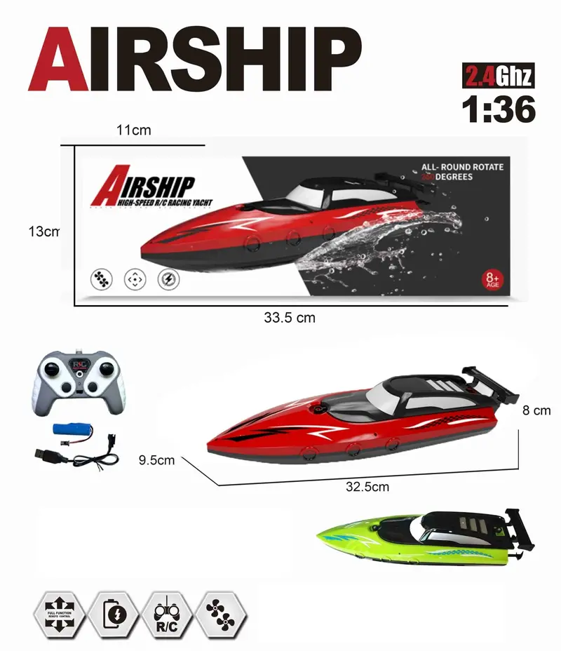 1:36 Scale 2.4Ghz Rc Twin-Propeller Speed Boat – 8 Km/H Top Speed, 500Mah Battery, 25M Range – Sku 1896930 1