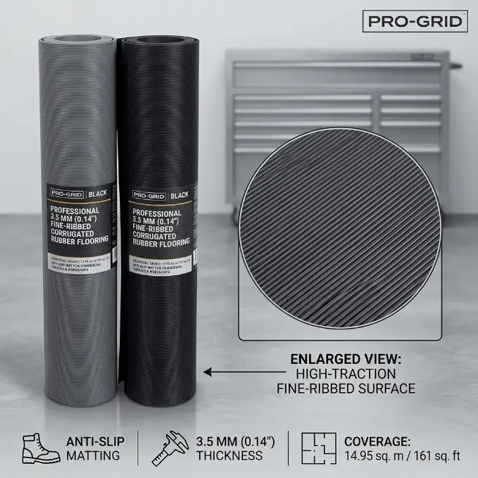 5' × 32.8' Fine Ribbed Rubber Flooring Roll – 161 Sq Ft Anti-Slip Industrial Mat (Drf350F) 1