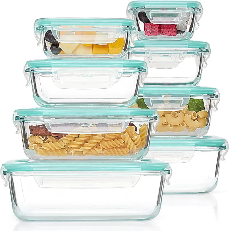 8-Piece Rectangular & Square Glass Food Containers – Airtight Meal Prep Set With Snap-On Lids 1