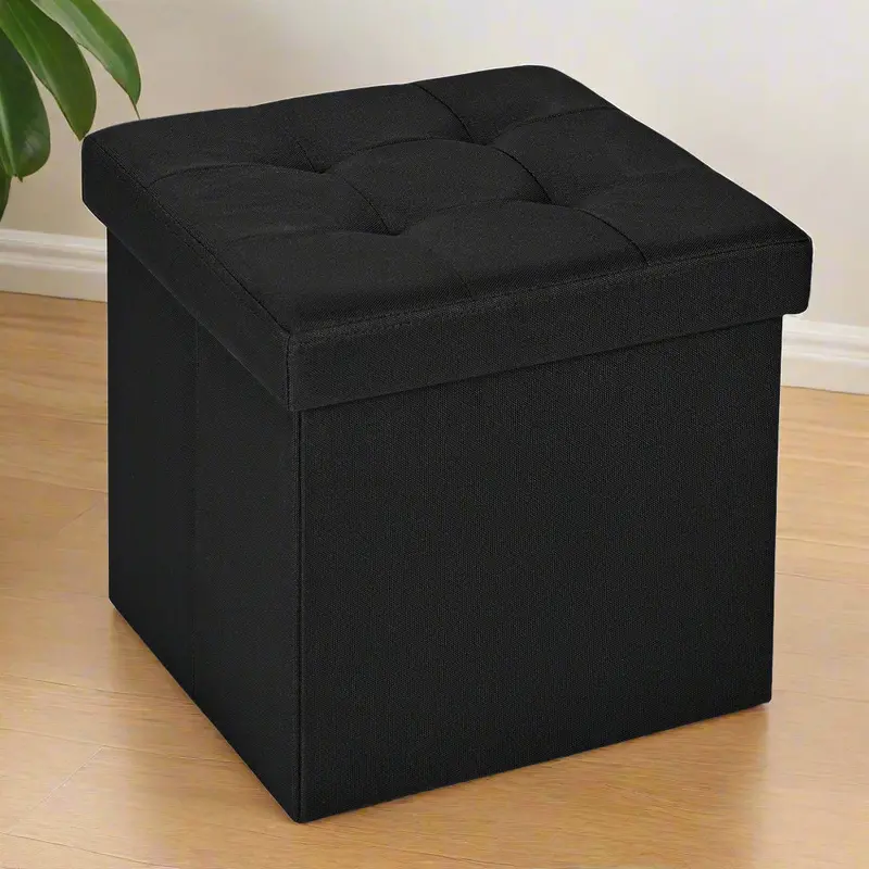 Compact Foldable Storage Ottoman – Tufted Black Cube Seat With Hidden Interior Compartment (Am0Tm30) 1