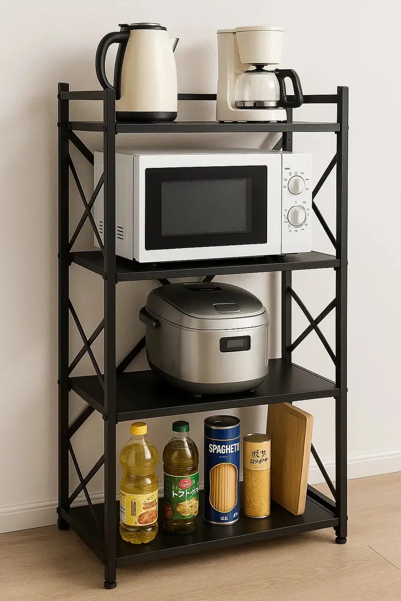 Four-Tier Folding Microwave Shelf Rack – Freestanding Heavy-Duty Steel Kitchen Organizer (Ammtr4) 1