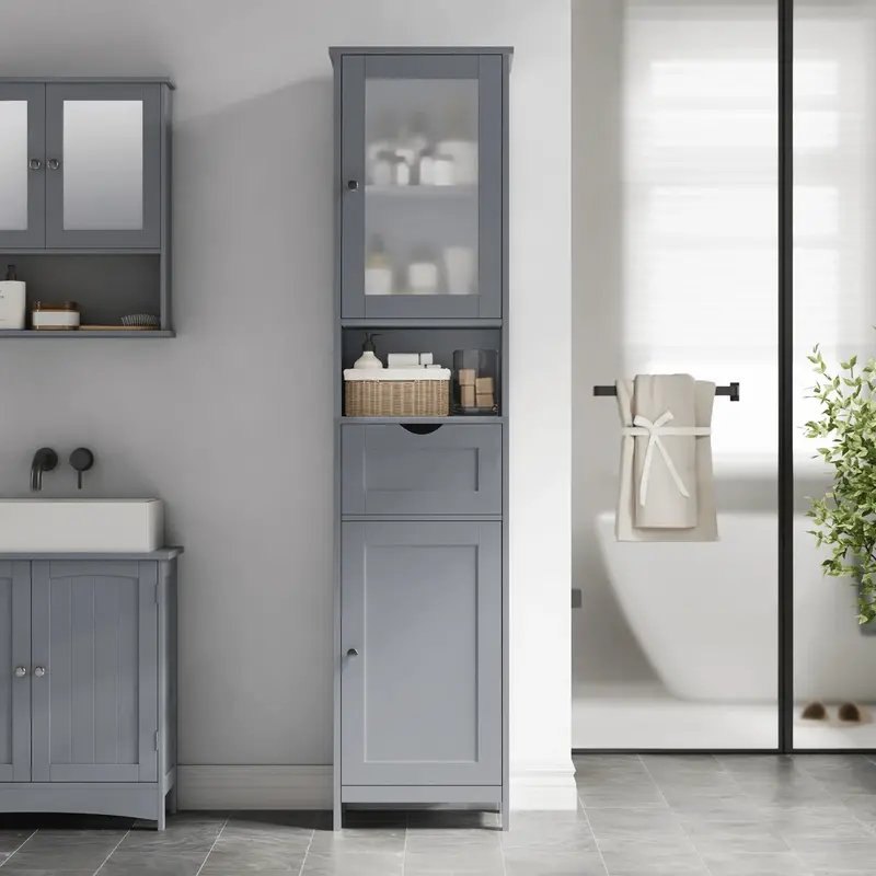 Freestanding Tall Bathroom Linen Cabinet – 67" Slim Floor Storage, White/Grey Stc022W 1