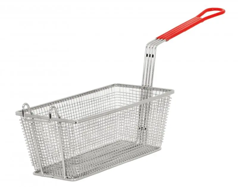 Omcan 12.875" X 6.5" X 5.375" Nickel-Plated Fry Basket With Red Handle 1