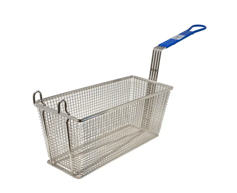 Omcan 13.25" X 5.875" X 5.625" Nickel-Plated Deep-Fry Basket With Blue Handle 1