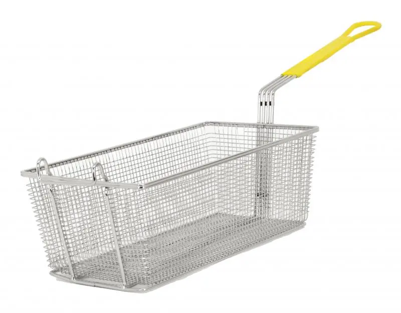 Omcan 16.75" X 8.75" X 6" Nickel-Plated Fryer Basket With Yellow Grip Handle 1