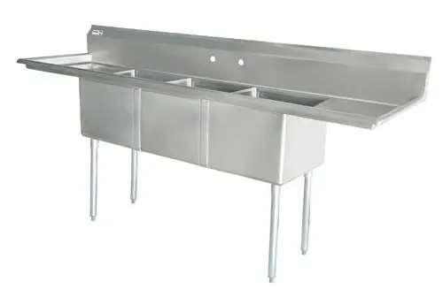 Omcan 25271 Corner-Mount Pot Sink – Three Compartments (18" × 21"), Left Drainboard 1