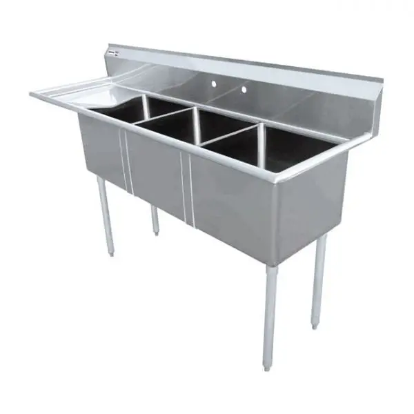 Omcan 25273 Corner-Mount Triple-Compartment Pot Sink – 18" X 21", Dual Drainboard (Left & Right) 1