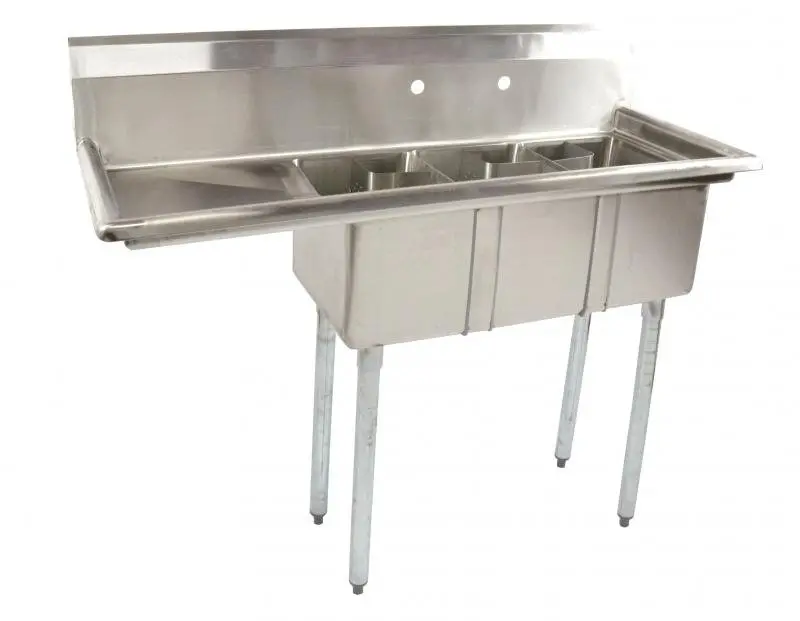 Omcan 39762 Space-Efficient Three-Compartment Sink – Left-Side Drainboard 1