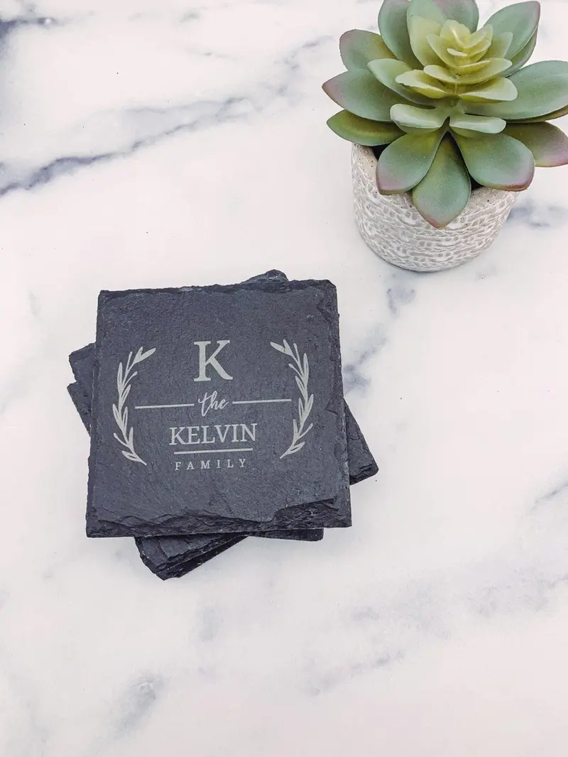 Set Of 4 Personalized Slate Coasters – Family Engraved, Square Style (C002) 1