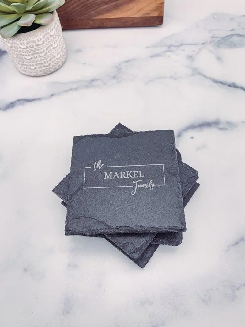Set Of 4 Personalized Slate Coasters – Family Theme, Square Format (C004) 1