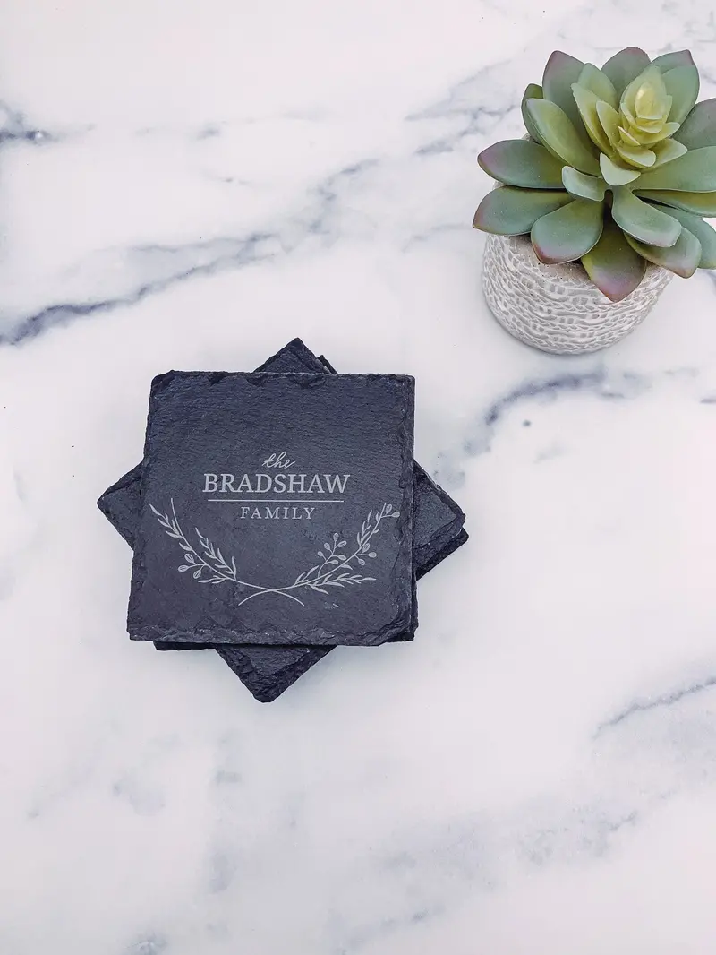Set Of 4 Slate Coasters – Custom Family Engraving, Square Shape (C005) 1