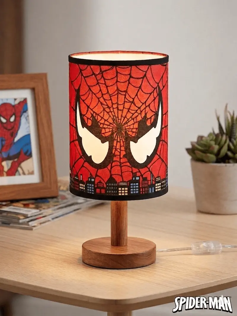 Spider-Man Kids Night Light – Fabric-Shade Table Lamp With Wooden Base For Bedrooms 1