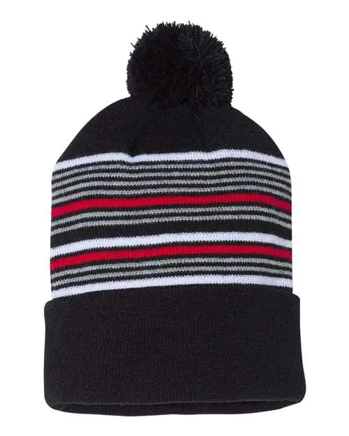 Sportsman Sp60 12-Inch Striped Pom-Pom Cuffed Beanie With Fold-Up Brim 1