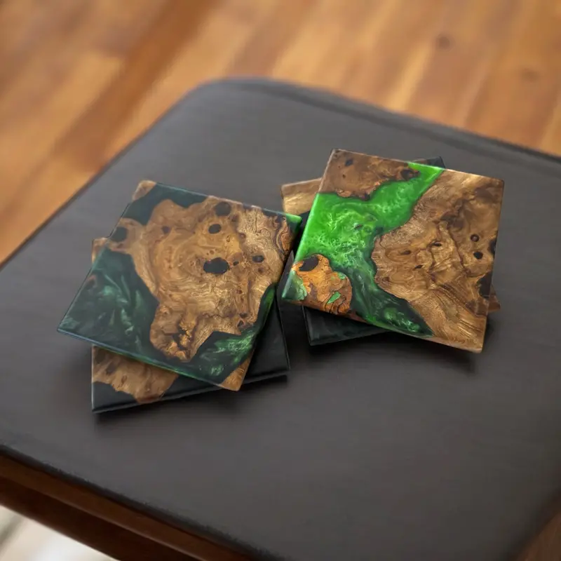 Swirling Green Resin Maple Burl Coasters Set 1