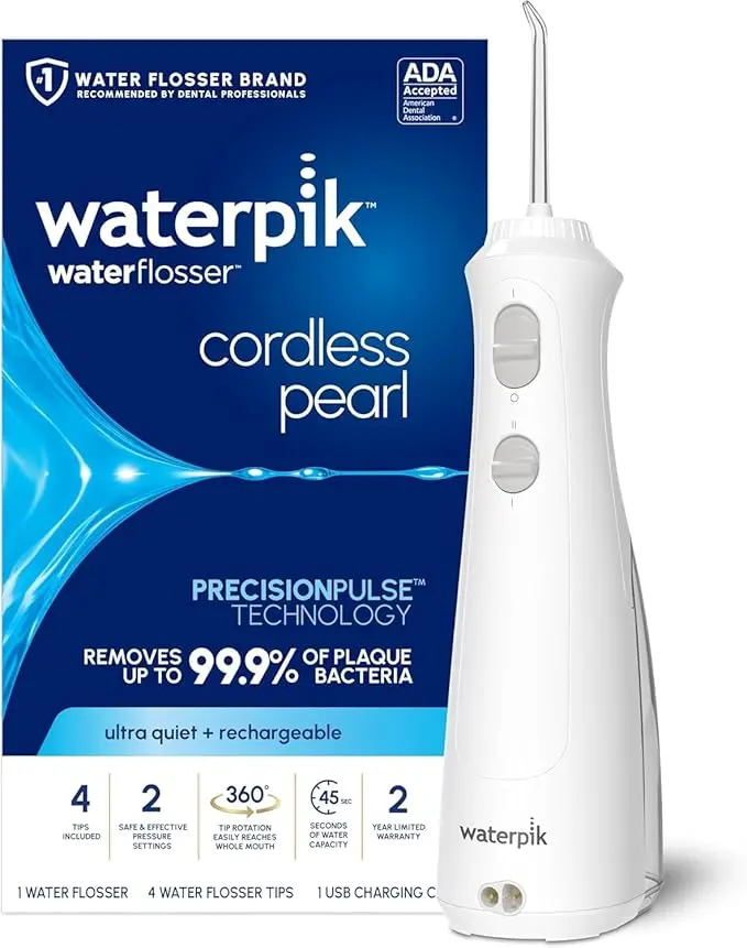 Waterpik Cordless Pearl Water Flosser – Rechargeable, 4 Tips, White Wf-13 1