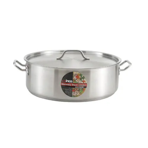 Winco 10-Quart Stainless Steel Brazier With Lid – Durable Wide-Bottom Cookware 1